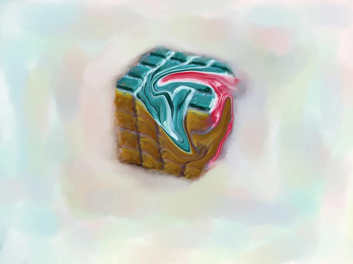 Cube of Glory #2: a patterned cube in teal, red and gold softening at the edges on a pastel background