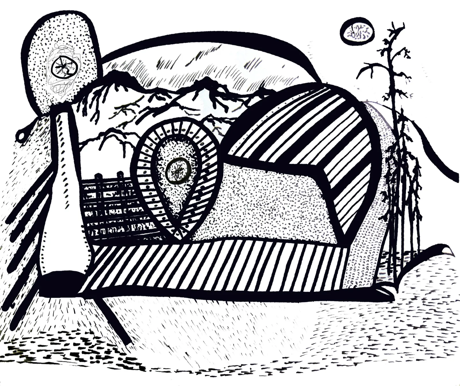 The Divine #10: Black and white ink drawing of a landscape with mountains, trees, a wheel and striped forms