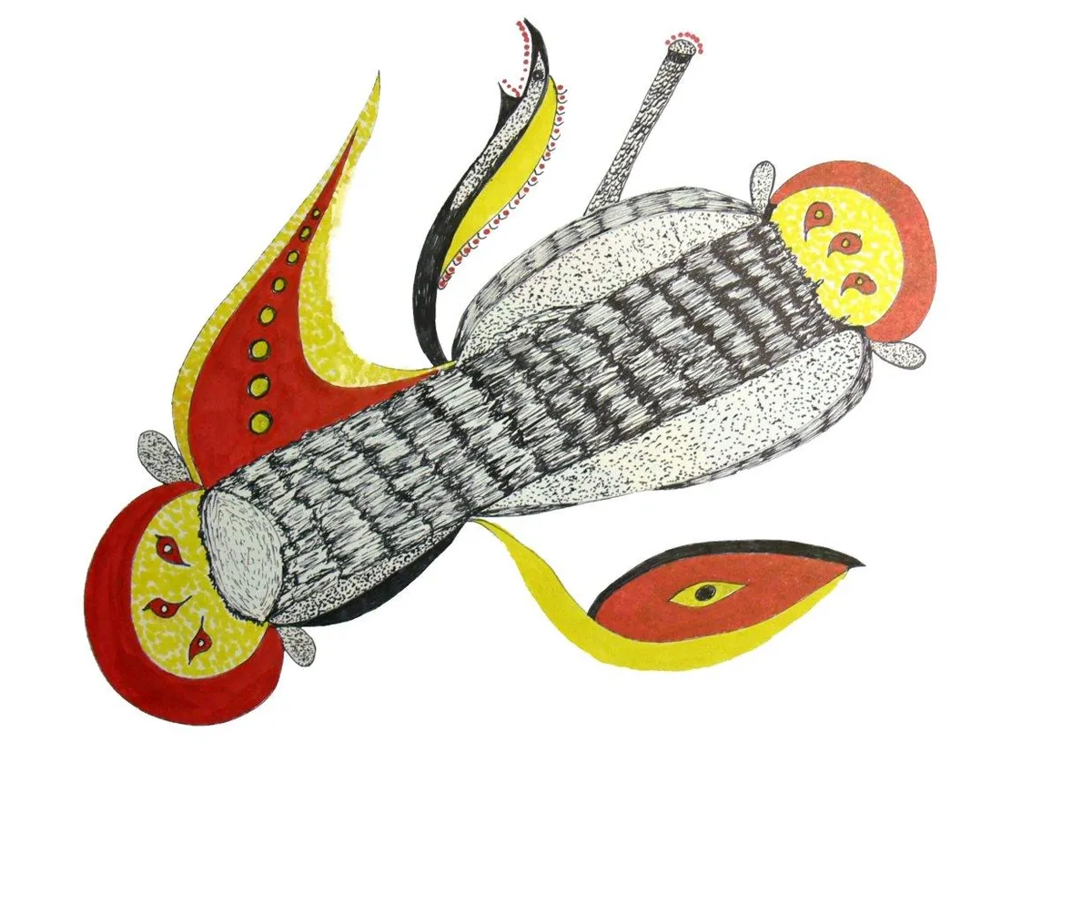 The Divine #5: Hand-drawn ink and marker artwork of a striped grey body with red and yellow wing-like shapes