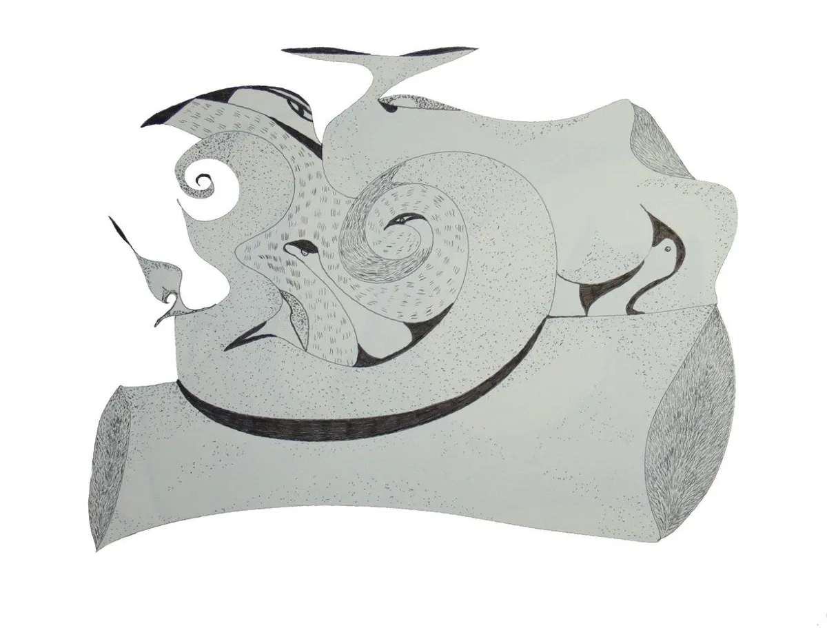 The Divine #8: Hand-drawn ink and marker artwork of pale grey spiralling forms with black accents