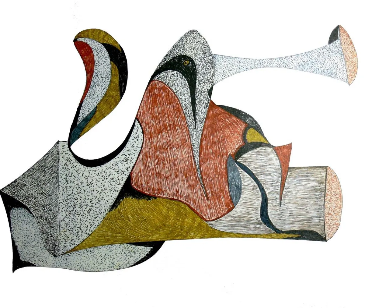 The Divine #9: Hand-drawn ink and marker artwork of stippled grey, terracotta and ochre forms with a horn-like shape