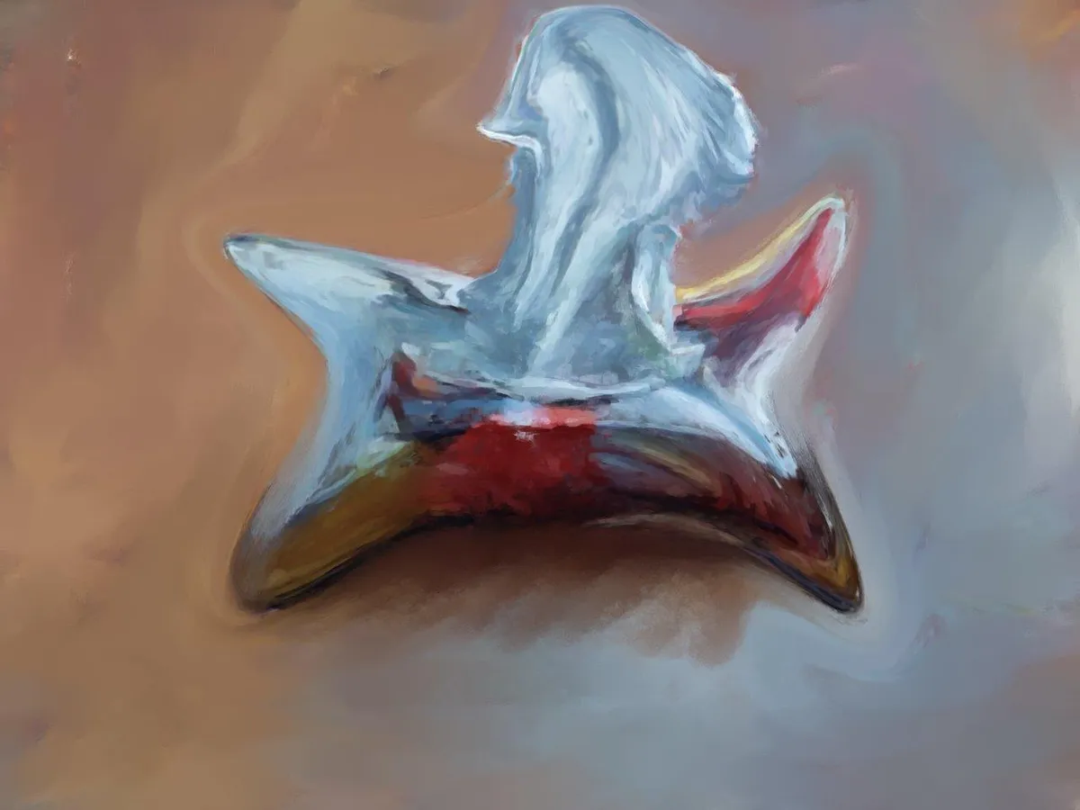 Tissue Box: a glossy blue, red and silver object melting into a star-like shape
