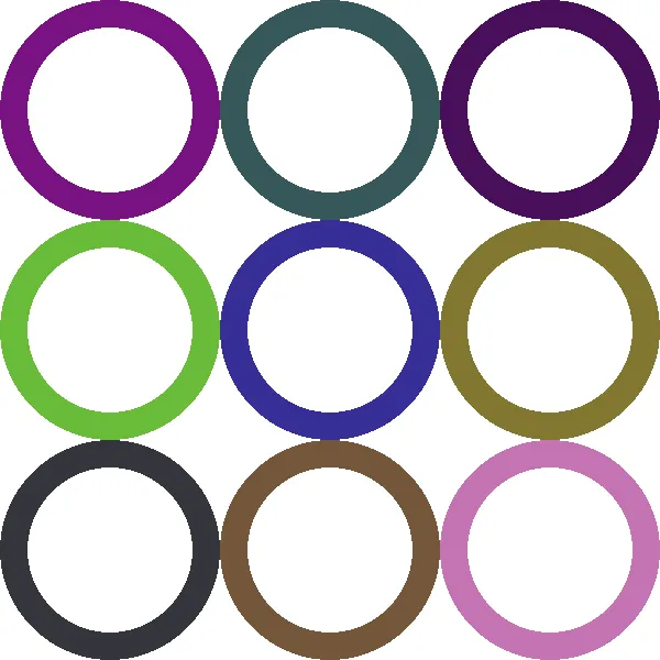 Nine thick rings in purple, slate, green, navy, olive, brown and mauve on white