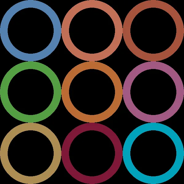 Nine thick rings in muted blue, rust, green, orange, magenta and teal on black