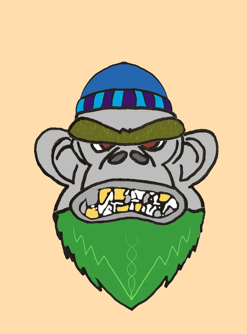 Grey gorilla with gold teeth wearing a blue striped beanie, with a green beard