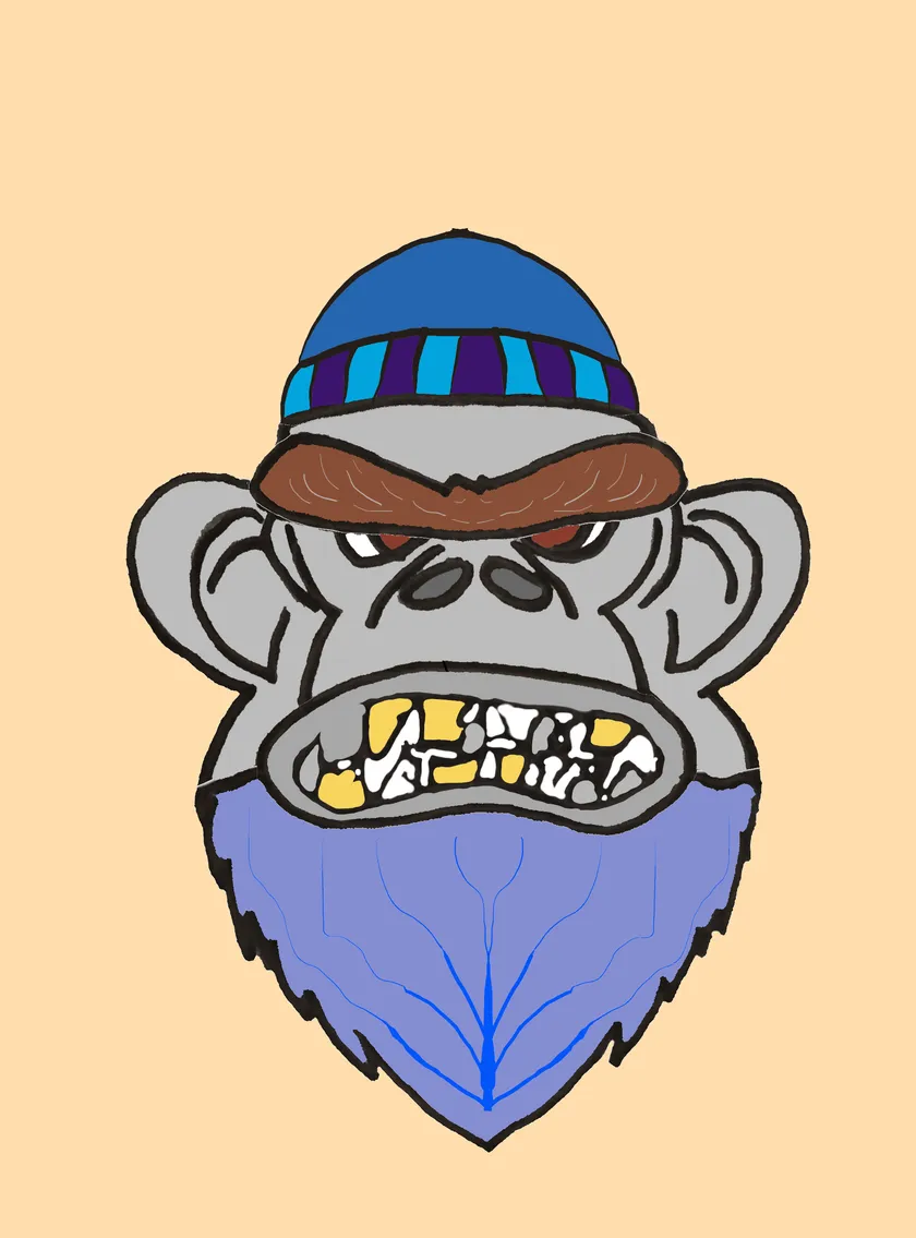 Grey gorilla with gold teeth wearing a blue striped beanie, with a lavender beard