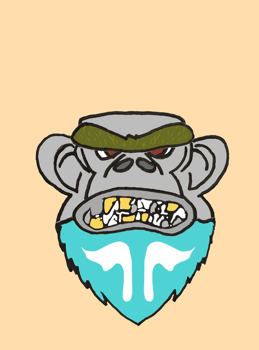 Grey gorilla with gold teeth and an olive brow, with a turquoise beard