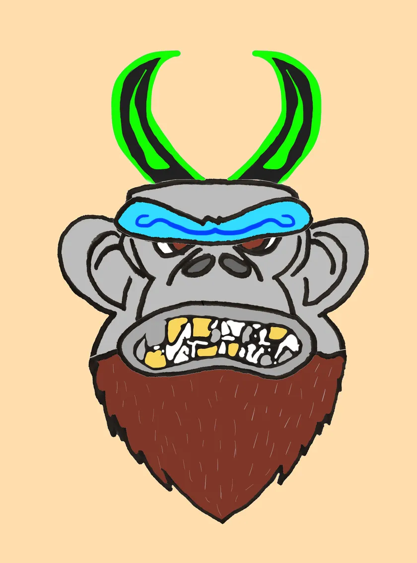 Grey gorilla with gold teeth, bright green horns and a blue visor, with a brown beard